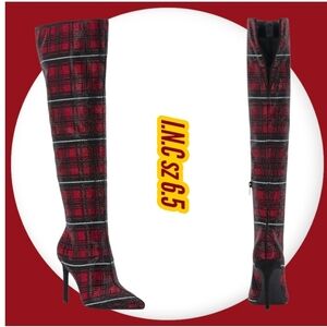 INC Red Plaid Rhinestone Stiletto Holiday Boots New sz 6.5